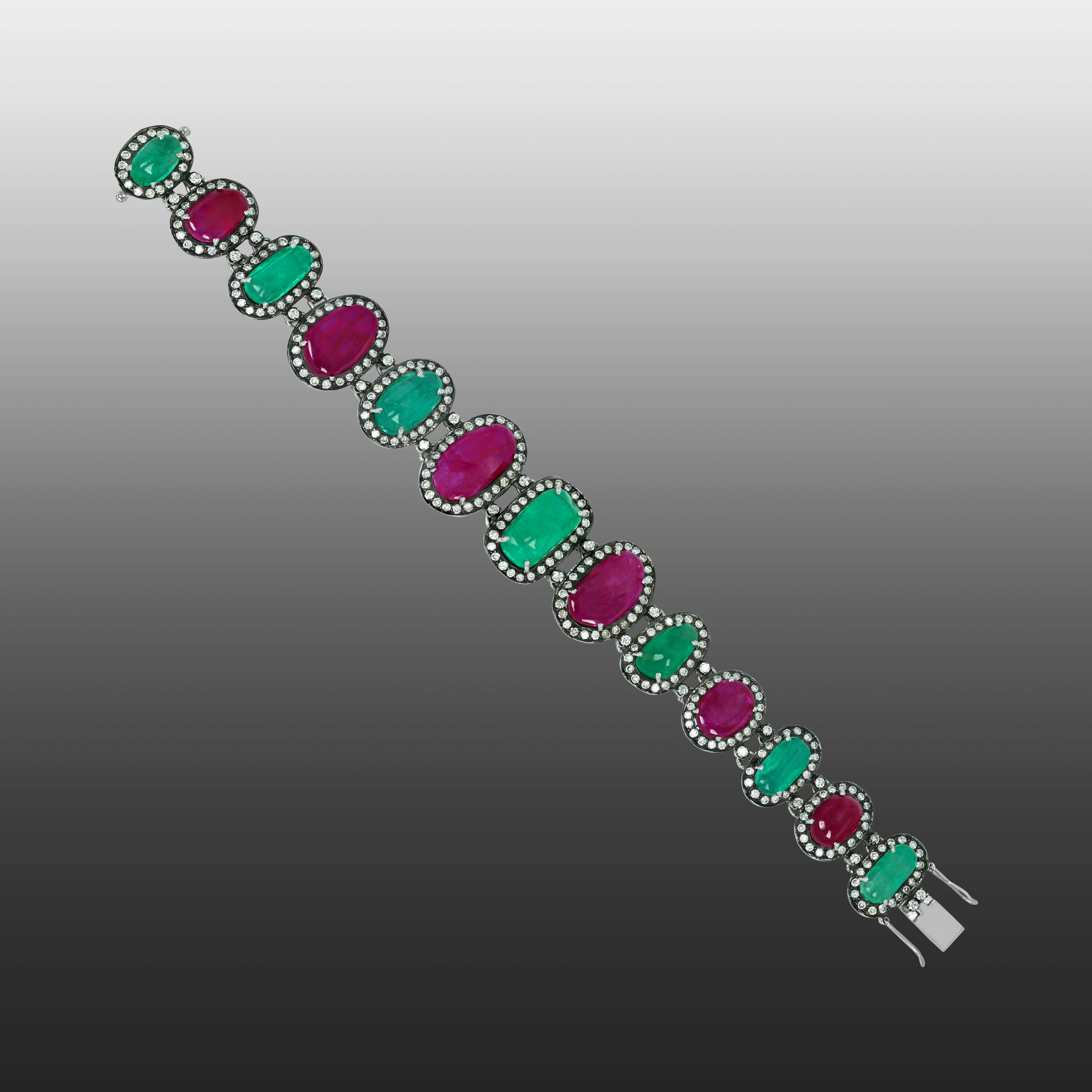 Alternating Pink and Green Bracelet with Diamond Halos